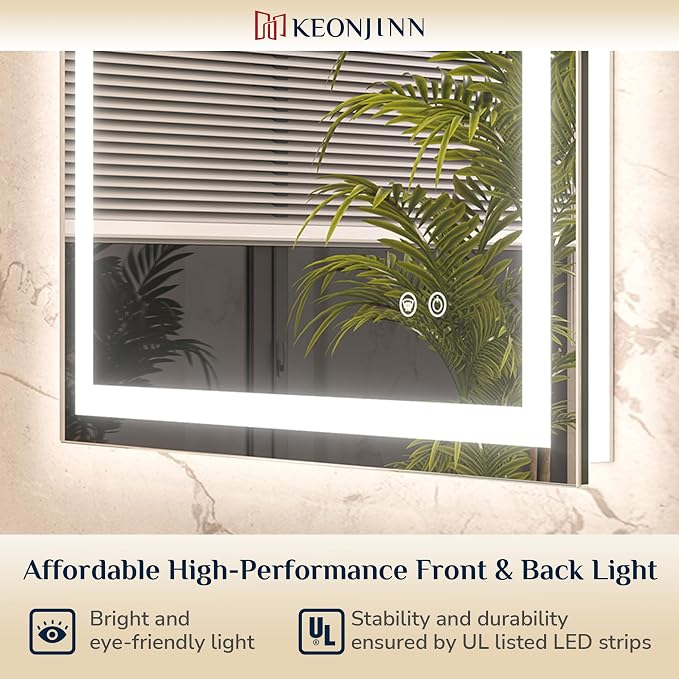 Keonjinn LED Bathroom Mirror 55 ” x 30 ” with Frontlit & Backlit, Lighted Mirror for Bathroom Wall with Dimmable 3-Color Lights, Anti-Fog Mirror with HD Tempered Glass, UL-Listed LED Driver
