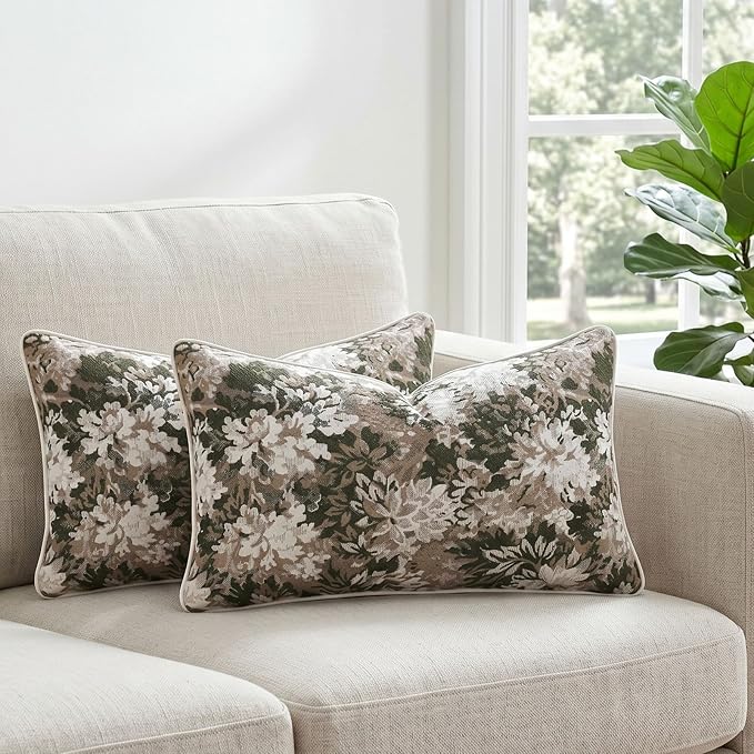 Vintage Floral Throw Pillow Covers 12x20 Inches Set of 2 Lumbar Boho Farmhouse Pillow Cases Premium Chenille Textured Decorative Cushion Covers for Couch Retro Garden Farmhouse Style Green
