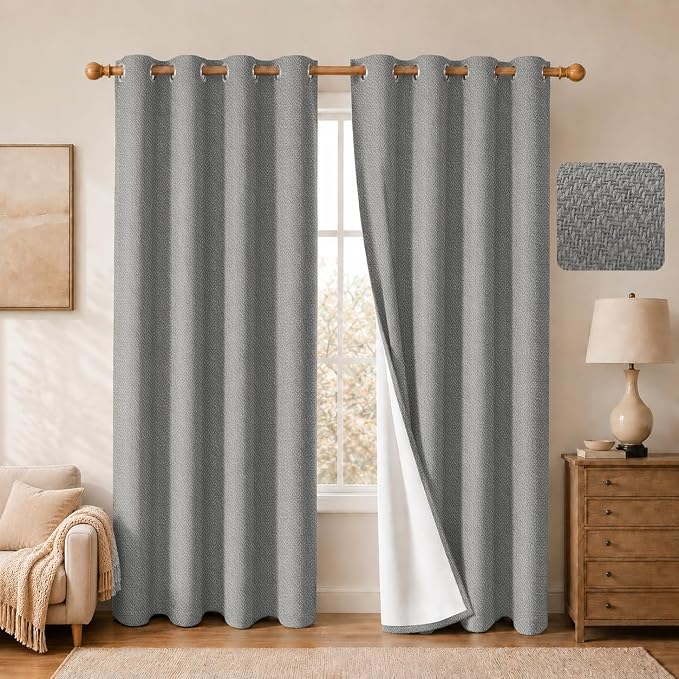2 Panels 100% Blackout Linen-Textured Curtains, Thick Thermal Insulated Grommet Drapes with Subtle Herringbone Weave, Luxury Decor for Bedroom/Living Room, 54 x 84 Inches, Grey