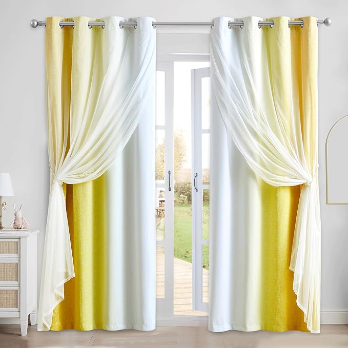 Ombre 100% Blackout Curtains 96 Inches Long 2 Panels for Bedroom Living Room Yellow and White Double Layer Sheer Overlay Mix & Match Grommet Thermal Soundproof Drapes with Tiebacks, 52x96