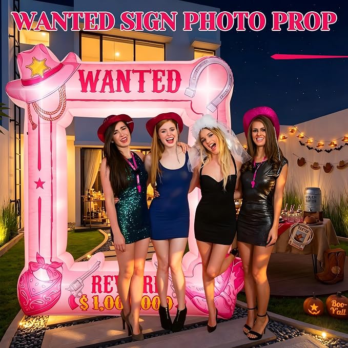 Soulchen 6 x 5 ft Pink Western Wanted Inflatable Decoration with Led Lights and Built-in Blower Perfect for Cowboy Party Decor Western Themed Birthdays and Vintage Country Events