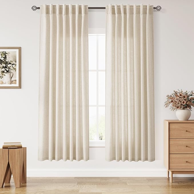 Nanspring Living Room Curtains 72 Inch Length Linen Cream Beige Luxury Light Filtering Semi Sheer Curtain Back Tab Modern Farmhouse Decor Elegant Coastal Drapes for Bedroom Office 52x72, 2 Panels