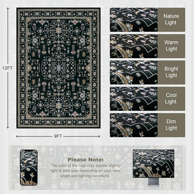 Area Rugs 9x12 Living Room Rug: Washable Rug Soft Vintage Boho Medallion Carpet Indoor Floor Non-Slip Stain Resistant Large Carpets for Bedroom Dining Room Farmhouse Nursery Home Office Black