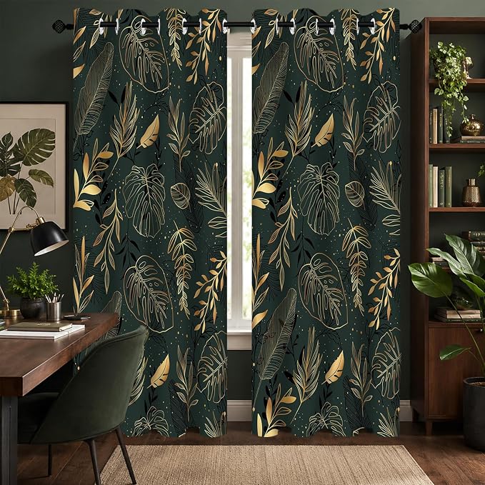 Tropical Leaves Blackout Curtains for Bedroom, Gold Leaf Dark Green Botanical Drapes Modern Window Curtains Darkening Thermal Insulated Grommet for Living Room Bedroom Decor 2 Panels 52x84 Inches
