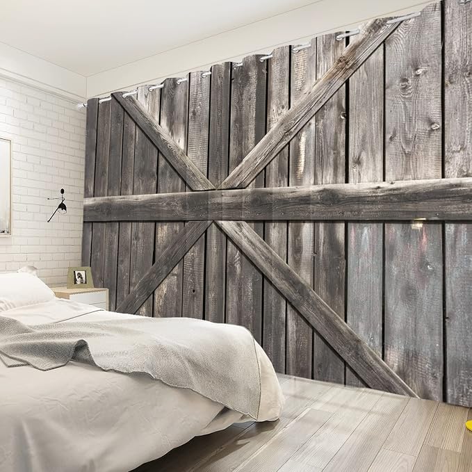 Rustic Barn Door Window Curtains Farmhouse Grey Wooden Door Garage Door Blackout Window Treatment for Living Room Bedroom Rural Farm Style Room Darkening Window Drapes,53x96 inch,2 Panels