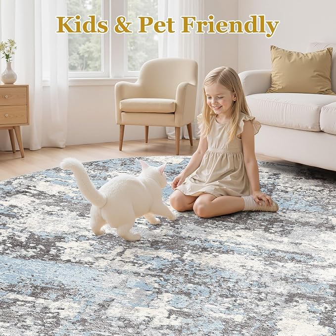 Area Rugs for Living Room: 12x12 Abstract Washable Rug Modern Neutral Large Soft Stain Resistant Non-Slip Backing Machine Table for Bedroom Dining Room Indoor Home Office Carpet - Blue Grey