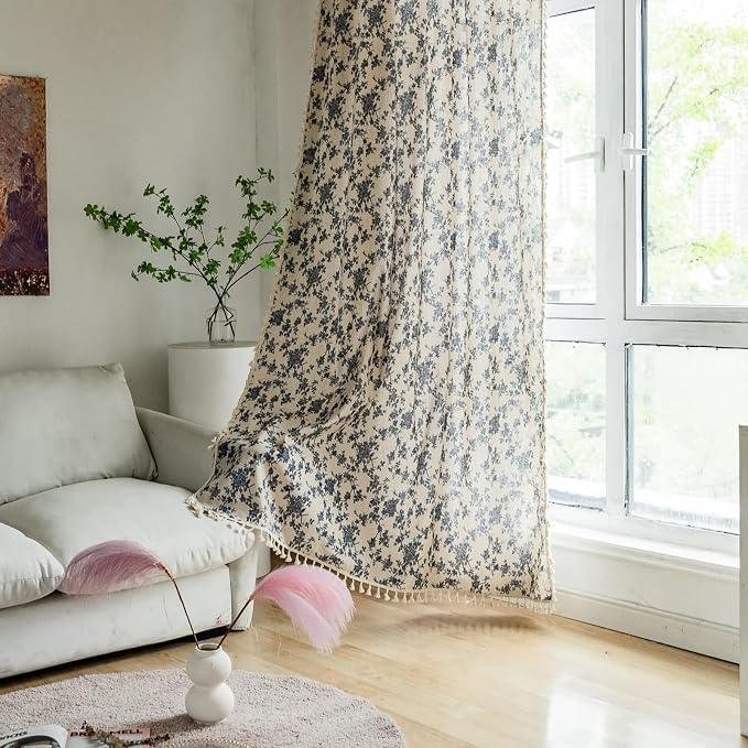 OYX Boho Blue Floral Curtains 96 Inch, Linen Farmhouse Toile Rose Drapes with Tassels, Light Filtering Semi Sheer Curtains for Living Room Bedroom, 2 Panels, Rod Pocket, 52Wx96L