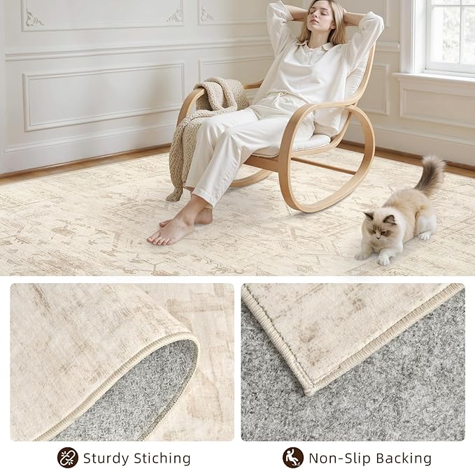10x12 Area Rug for Living Room: Vintage Boho Neutral Washable Rug Indoor Soft Large Area Rug Carpet for Bedroom Nursery Farmhouse Dining Room Office Floor Non-Slip Low Pile Under Table Rug Beige/Brown