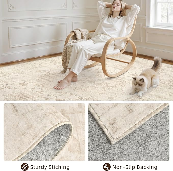 8x10 Area Rugs for Living Room: Vintage Boho Neutral Washable Rug Indoor Soft Large Area Rug Carpet for Bedroom Nursery Farmhouse Dining Room Office Floor Non-Slip Low Pile Under Table Rug Beige/Brown