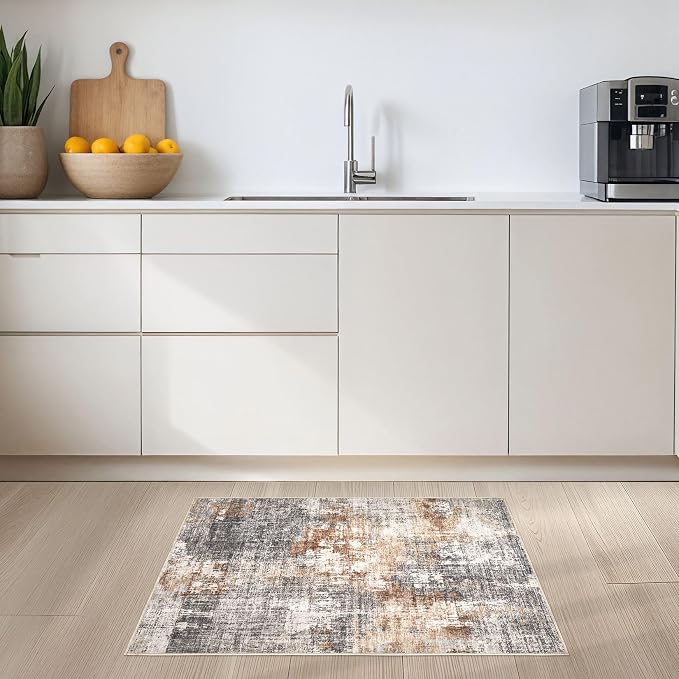 DMOYEST 2x3 Entryway Area Rug: Washable Neutral Modern Abstract Small Rug - Non-Slip Low Pile Throw Indoor Carpet for Entrance Kitchen Front Door Mat Bathroom Entry Kids Room - Grey Brown