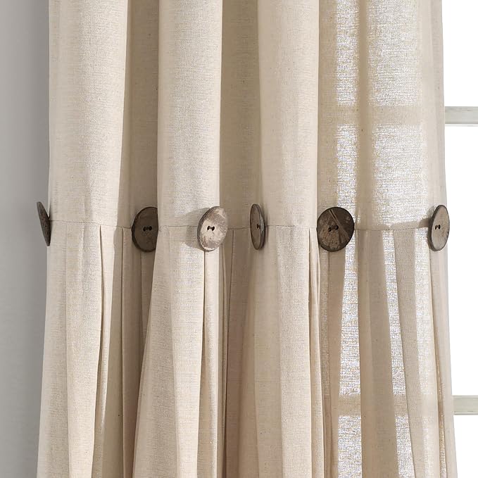 Lush Decor Linen Button Window Curtain Panel, Single, 40" W x 84" L, Dark Linen - Country Curtains - Rustic Decor - Color Block Modern Farmhouse Curtains For Living Room, Bedroom & Dining Room