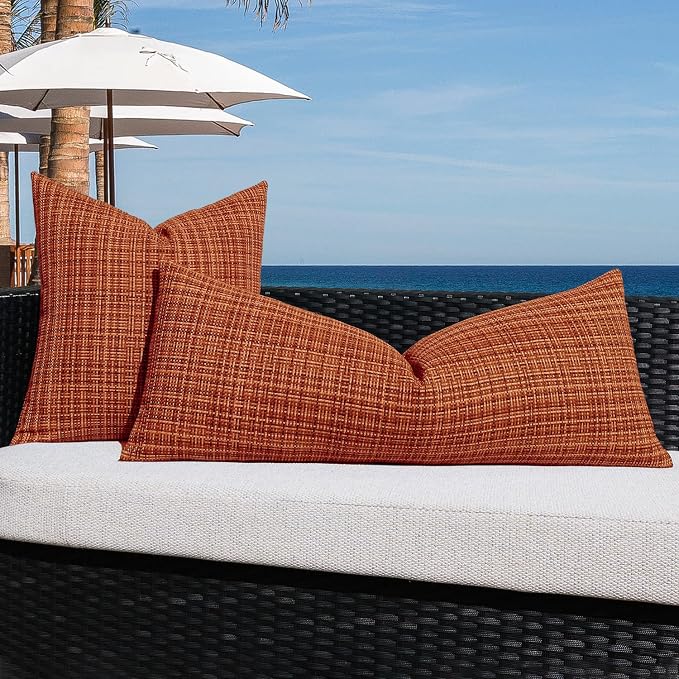 Kevin Textile Outdoor Waterproof Throw Pillow Covers 14x36 Inch Pack of 1 Woven Faux Linen Decorative Water Resistant Long Body Lumbar Cushion Covers for Tent Patio Garden Couch Sofa Burnt Orange