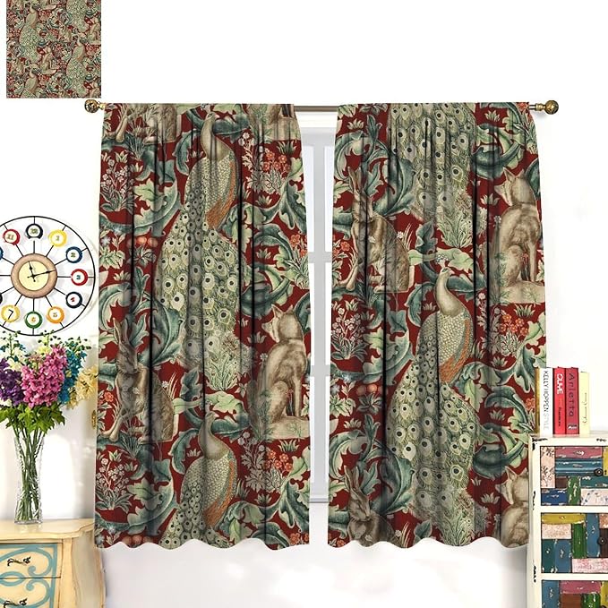 Vintage William Morris Wildlife Blackout Window Curtains, Rustic Boho Animal Plant Window Drapes, for Living Room Bedroom 31.5(W)*63(L) 2 Panels