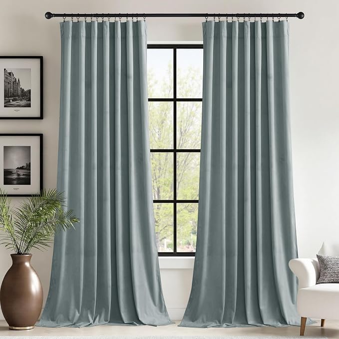StangH Stone Blue Velvet Curtains for Sliding Door, W62xL90 inches 2 Panels | Room Darkening Privacy Protect Drapes for Window Door, 300GSM Soft Velvet, Thermal Insulated, Living Room, Dining Room