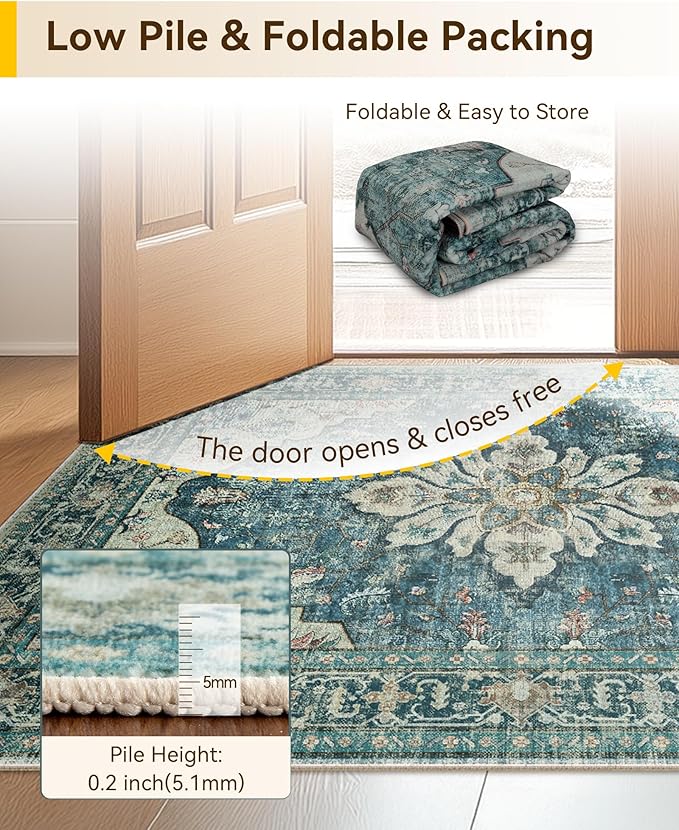 RELEANY Area Rugs 4'x5' Washable Non-Slip, Floral Vintage Distress Medallion Carpet for Living Room Bedroom Dining Room, Dark Blue Vintage