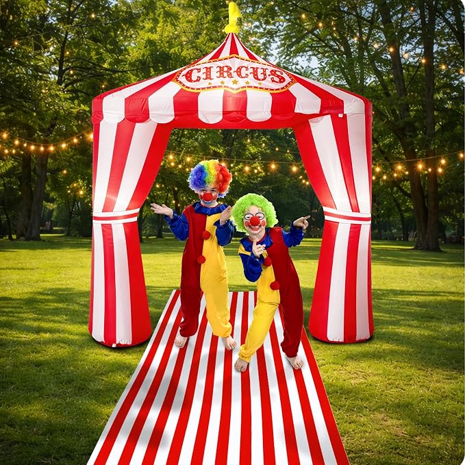 10ft Carnival Circus Tent Party Decorations, Red and White Striped Inflatable Arch with Build in LED Lights, Blow Up Tent and Floor Runner for Circus Carnival Halloween Birthday Party Decorations