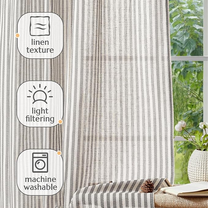 jinchan Linen Curtains 63" Charcoal Grey Stripe on Beige Back Tab 2 Panels | Curtains For Living Room Bedroom,Ticking Stripe, Farmhouse Cottage Core Rustic,Rod Pocket Window Treatment,Light Filtering