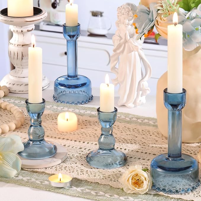 Lanttu 6 Pcs Blue Glass Candlestick Holders Taper Candle Holder Bulk | Crystal Candle Holders for Wedding, Table Centerpiece, Home Decoration
