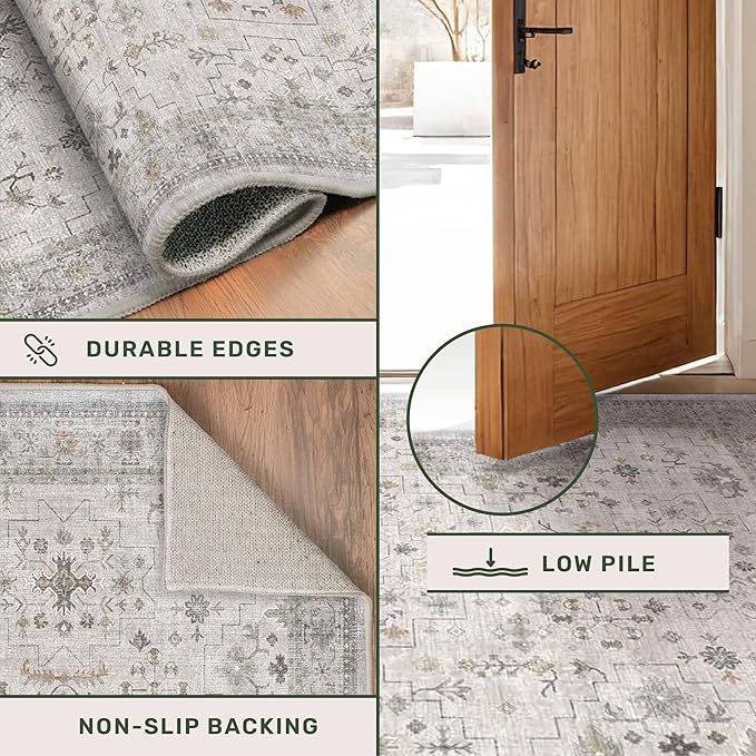 Hazo Haus Boho Light Grey Living Room Rug 10x14 - Modern Vintage Eclectic Floral Pastel Neutral Taupe, Washable Low Pile Non-Slip Extra Large Area Rugs for Dining Under Table Bedroom Lounge