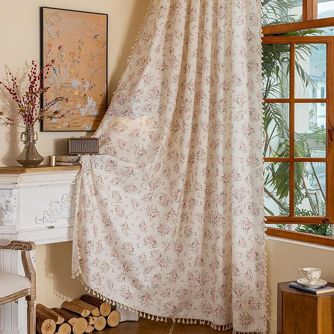 OYX Pink Floral Curtains for Girls Room 2 Panels, Linen Curtains 84 Inch Length with Flower Pattern Light Filtering Window Privacy Curtains for Living Room Boho Farmhouse Vintage, Each 52 Inch Wide