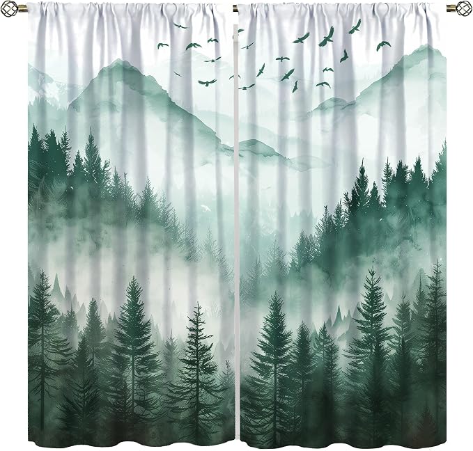 Watercolour Forest Curtains, Green Nature Forest Valley Misty Fresh Flying Birds Landscape Blackout Windows Treatments, Thermal Insulated Drapes for Kids Boys Girls Living Room Bedroom 42x45in