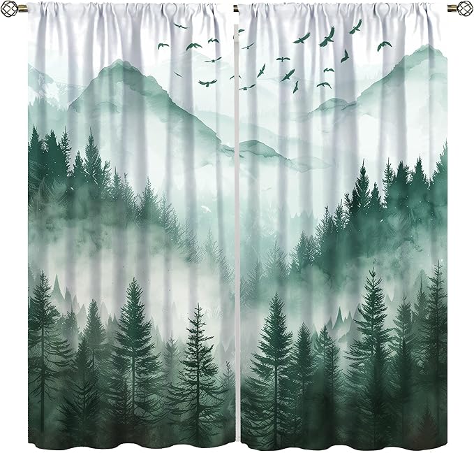 Watercolour Forest Curtains, Green Nature Forest Valley Misty Fresh Flying Birds Landscape Blackout Windows Treatments, Thermal Insulated Drapes for Kids Boys Girls Living Room Bedroom 63x63in