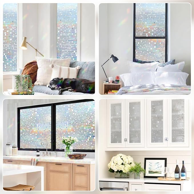 rabbitgoo Window Privacy Film Decorative Rainbow Cling, 35.4" x 78.5" | 3D Stained Glass Window Sticker, Anti-UV Sun Blocking Heat Control, Static Cling Glass Window Door Covering for Home Office