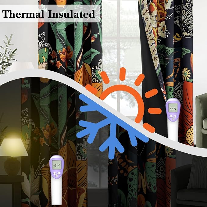 Tyrot Black Boho Floral 100% Blackout Curtains for Bedroom 84 inch Long 2 Panels Vintage Botanical Black Out Curtains for Living Room Grommet Thermal Insulated Room Darkening Window Drapes,52Wx84L