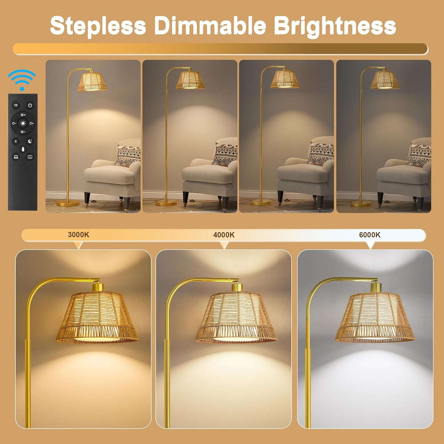 Oneach Arc Floor Lamp for Living Room with 3 Color Temperatures, Farmhouse Floor Lamps with Remote & Dimmable Bulb, Rattan Boho Floor Lamp with Hand-Woven Wicker & Fabric Shade