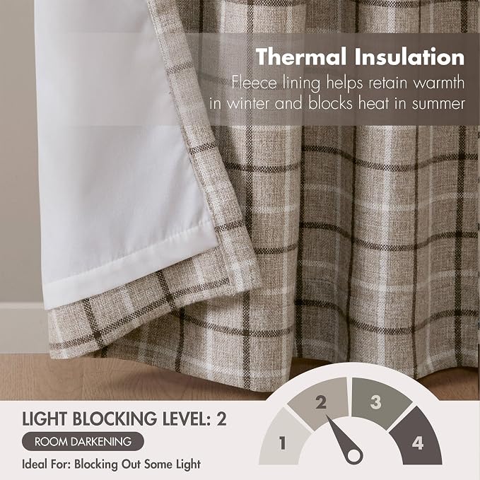 Madison Park Anaheim Cabin Plaid Curtain Window, Thermal Insulated Fleece Lining, Living Room Decor Room Darkening Drape for Bedroom, 1-Single Panel Pack, 50x84, Rod Pocket & Front Tab, Brown