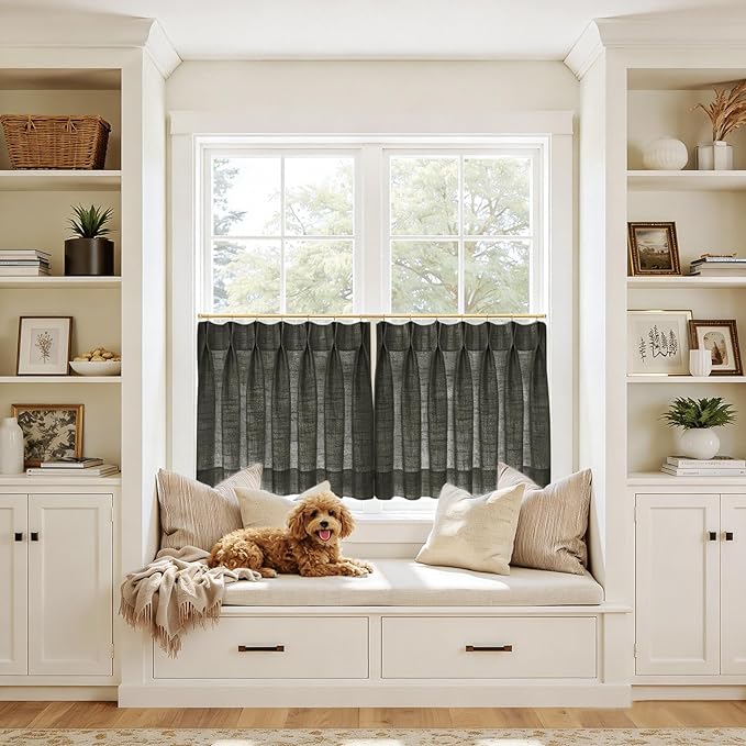 TWOPAGES 42" W x 30" L Linen Blend Cafe Curtains for Kitchen Window, Light Filtering Pinch Pleated Tier Curtains, Modern Farmhouse Half Window Curtains for Bathroom, Black, 2 Panels