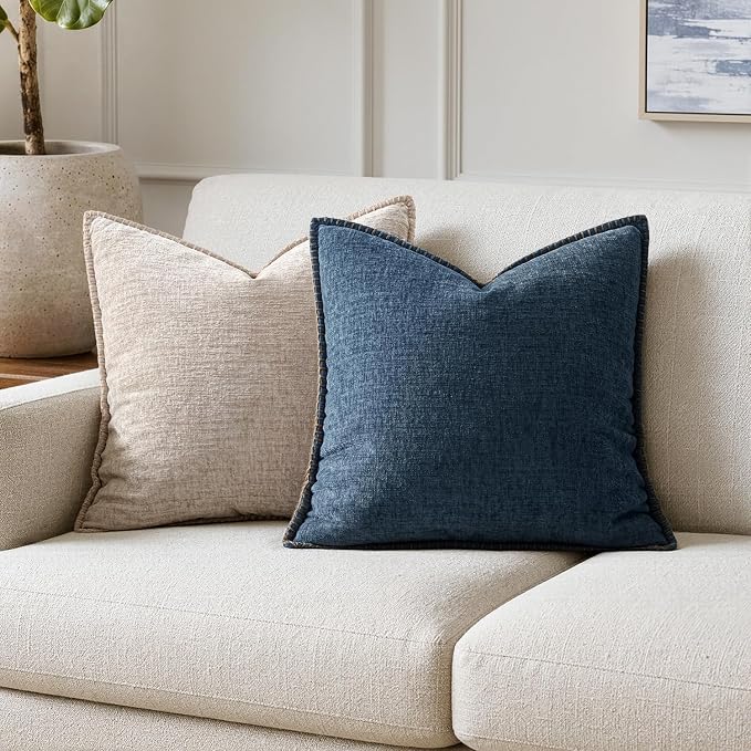 MIULEE Pack of 2 Couch Throw Pillow Covers 20x20 Inch Dark Blue Farmhouse Decorative Pillow Covers with Stitched Edge Soft Chenille Solid Dyed Pillow Covers for Sofa Bed Living Room