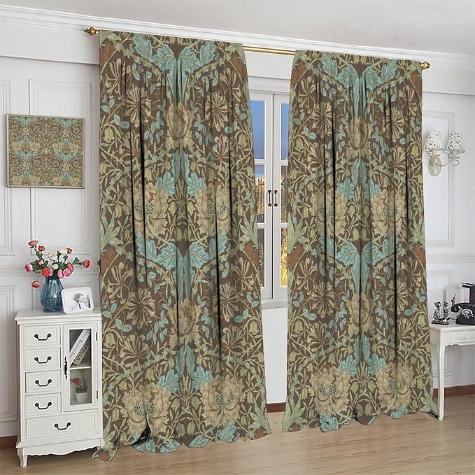 Retro Bohemian William Morris Plant Floral Blackout Curtains, Abstract Vintage Country Floral Leaf Pattern Window Drapes, for Living Room Bedroom 31.5(W)*63(L) 2 Panels