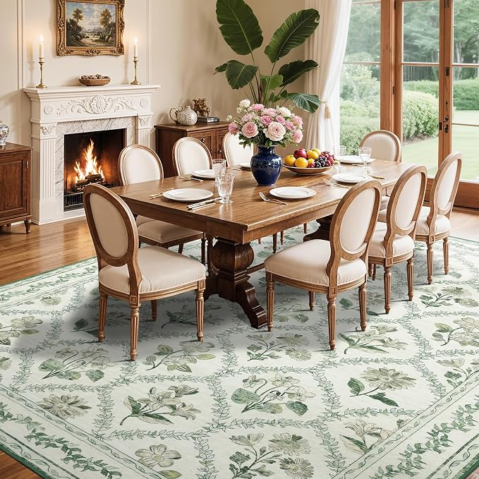 LIANLAM Checkered Rug 10x14 Area Rugs for Living Room - Stain Resistant & Non-Slip Backing Vintage Boho Floral Design Rug for Bedroom,Durable & Ultra-Thin Large Washable Area Rug(10x14,Green)