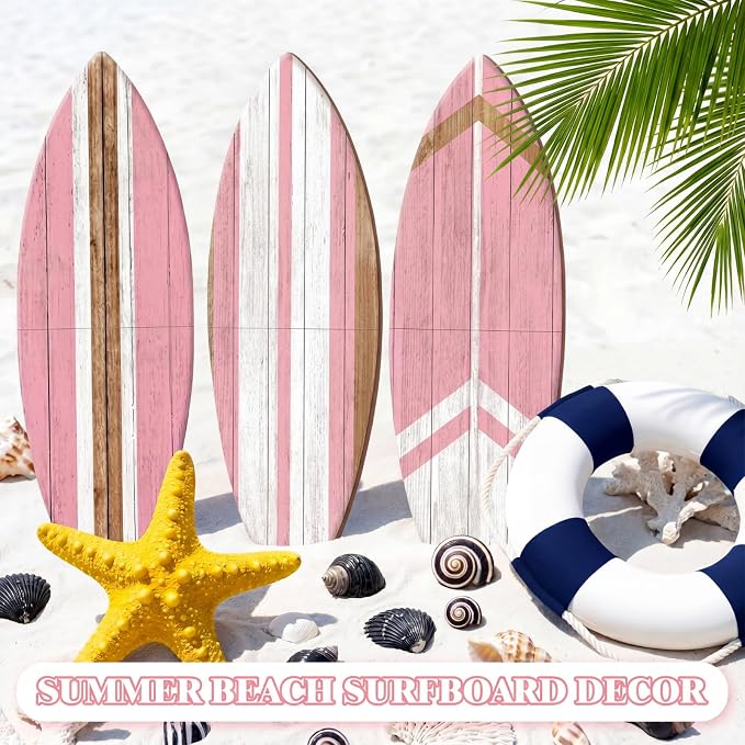 Yookeer 3 Pcs Surfboard Wall Decor,36" x 12" Large Wooden Coastal Beach Wall Decor Set, Aesthetic Cute Beachy Tropical Surf Board Art for Room Bedroom Decoration(Pink,Classic)