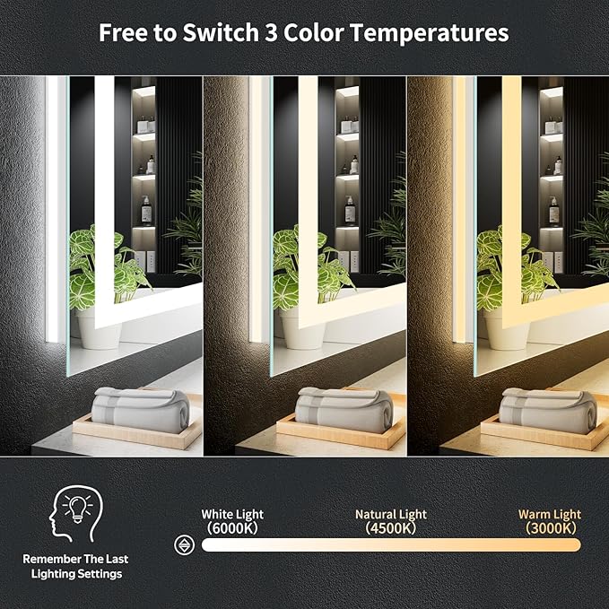 24"x36" LED Bathroom Mirror with Lights, Backlit + Front Lit with CRI>90, Lighted Mirror for Bathroom, Anti-Fog, Dimmable Brightness, 3 Colors, Memory Function, Shatterproof Tempered Glass