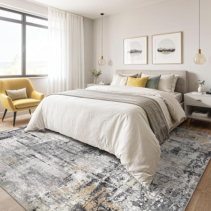 7x10 Area Rug Living Room: Washable Large Abstract Soft Stain Resistant Indoor Floor Rugs Non-Slip Accent Carpet for Bedroom Nursery Playroom Office Dining Room Home House- Gray Beige