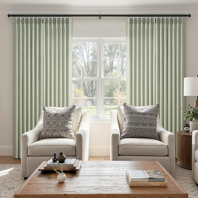 96 Inches Long Pinch Pleated Semi Sheer Curtains,Green Linen Blended Light Filtering Window Curtains 96 Length 2 Panels for Living Room Bedroom Pinch Pleat Drapes with Hooks 2 Panels 40" Wx96 L