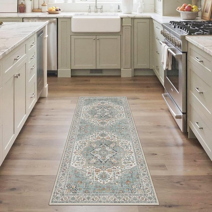 GENIMO Runner Rug 2x5 Non Slip Machine Washable Hallway Runner Rug, Low Pile Lightweight Rugs for Entryway, Hallway, Kitchen and Corridor, Vintage White/Teal
