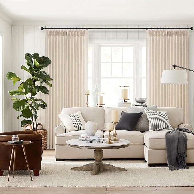 Topfinel 105 Inch Curtains 2 Panels Set,Two Packs Pinch Pleat Back Tab Linen Window Semi Sheer Privacy Thick Decorative Curtain Drapes for Living Room Bedroom,40x105 in Long,Sand Beige
