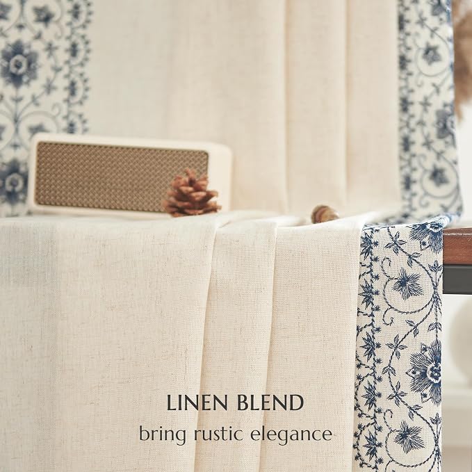 jinchan Weslie Boho Curtains for Bedroom Blue Vintage Floral Farmhouse Curtains 96 Inches Long Linen Drapes for Living Room Embroidered Light Filtering Drapes Rod Pocket Blue on Beige 2 Panels