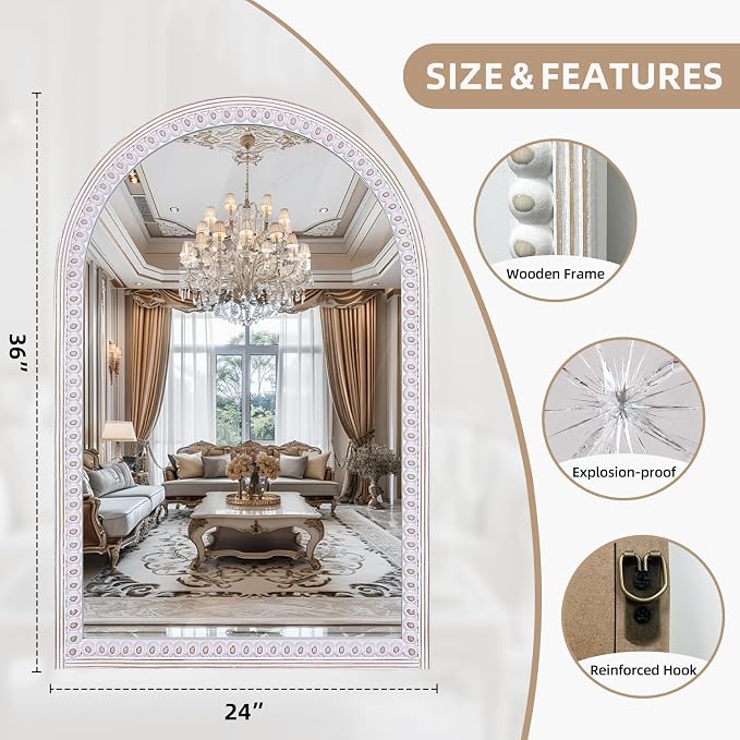 36x24 Inch Arched Mirror for Wall Decor, Wooden Arched Bathroom Mirrors | Subtle Bead Look Border Brings Boho Warmth to Powder Rooms, Bedrooms, Living Areas, Apartments, Entryway, and Cozy Halls