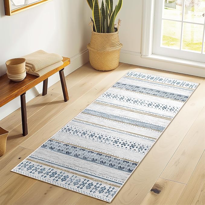 BESTSWEETIE 2x6 Area Rugs for Living Room Washable Moroccan Farmhouse Neutral Geometric Low Pile Non-Slip Soft Print Pattern Rug for Bedroom Kitchen Dining Room Entryway Blue/Brown