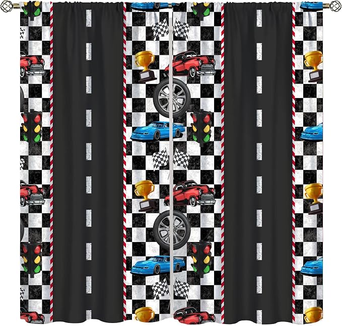 Race Car Curtain,Checkered Flag Black and White Race Cars Window Treatment Curtains Cloth Farbic for Kitchen Bedroom Cafe Dining Room Office Living Room Drapes, 52x96 in