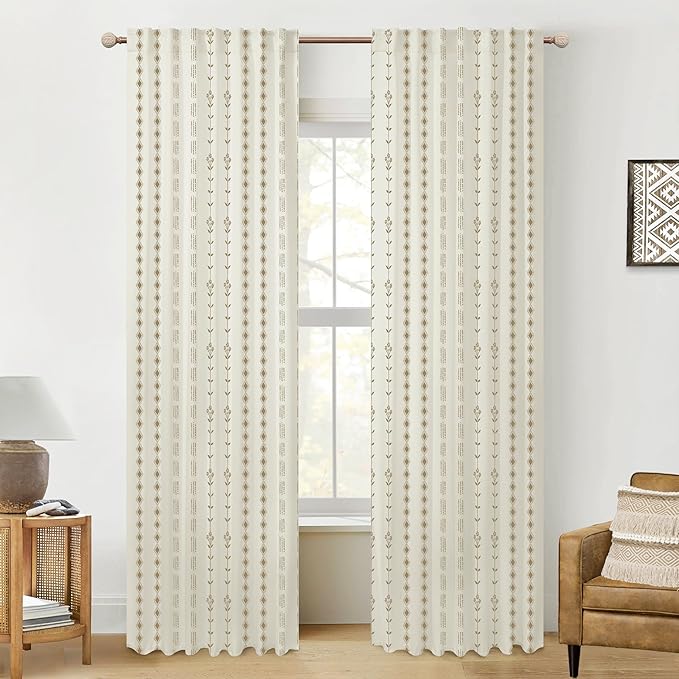 Brown and Beige Cream Western Boho Curtains, Earth Tone Striped Floral Patterned Drapes for Bedroom Living Room, 84 inch Long 2 Panels