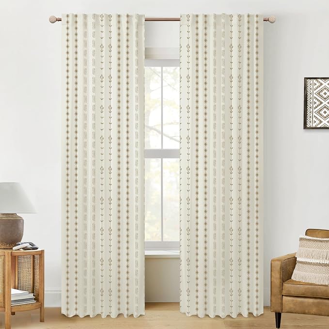 Brown and Beige Cream Western Farmhouse Curtains, Earthy Striped Floral Patterned Drapes for Bedroom Living Room, 96 inch Long 2 Panel Set