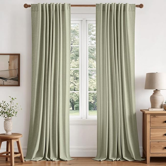 MIULEE 100% Blackout Linen Curtains for Bedroom 90 inches Long, Thermal Insulated Room Darkening Black Out Drapes for Living Room, Back Tab Rod Pocket, 2 Panels Set, 40 Wide x 90 Length, Sage Green