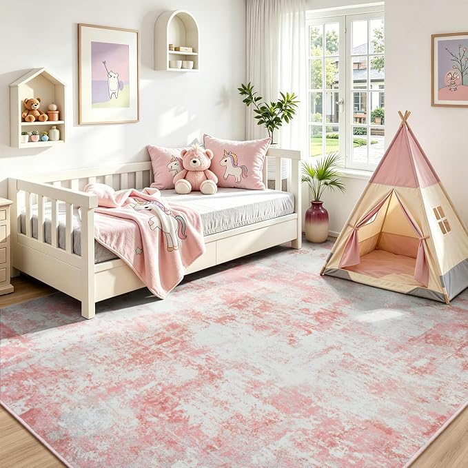 Rugflix 8x10 Area Rugs for Nursery Girls Room, Washable Large Rug Stain-Resistant Low Pile, Modern Non Slip Carpet for Kids Bedroom Living Room Home Office, Pink/White