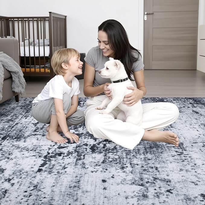 Round Area Rug for Living Room: 6 ft Washable Modern Abstract Soft Thin Rug Indoor Floor No Slip Stain Resistant Carpet for Bedroom Dining Room Farmhouse Nursery Home Office - Black