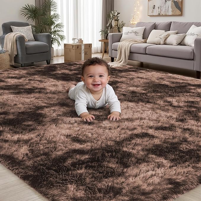 Area Rug for Living Room Bedroom: 5x7 Soft Fluffy Shag Upgrade Non-Slip High Pile Carpet Large Fuzzy Plush Indoor Floor Decor Shaggy Coffe Tie-Dyed Rug for Kid Boys Girls Playroom Nursery Modern Home